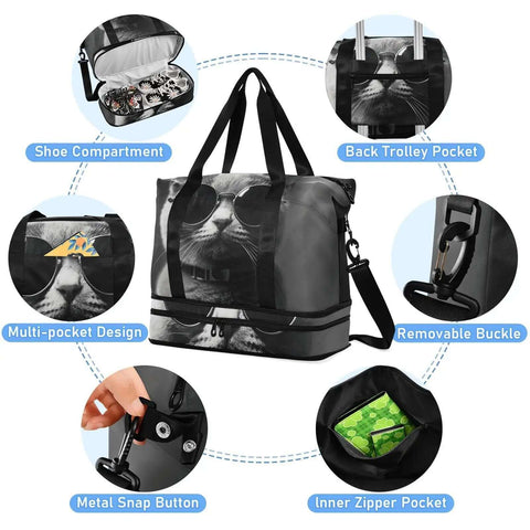 Waterproof Sports Gym Bag With Dry Wet Compartment And Shoe Storage, Large Capacity Duffel For Workout Travel Yoga And Swim, Gray Cat With Sunglasses Design, showing compartments and features.