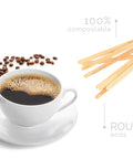 Coffee cup with beans beside 1000-Count Birch Wood Coffee Stirrers, Biodegradable Disposable Stir Sticks with Round Ends.