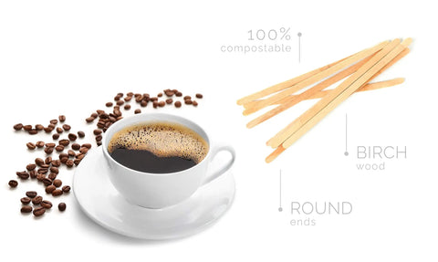 Coffee cup with beans beside 1000-Count Birch Wood Coffee Stirrers, Biodegradable Disposable Stir Sticks with Round Ends.