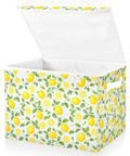 Heavy Duty Foldable Storage Bin With Secure Snap Lid And Wide Grip Handles For Bedroom Closet Organization Zero Clutter Space Saving Collapsible Fabric Container in lemon print, open, size 16.5x12.6x11.8in.