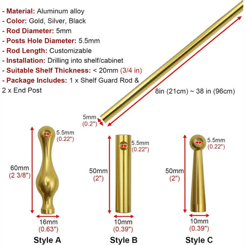 Adjustable Metal Shelf Rail For Wood Shelves 14 To 42 Inch Aluminum Alloy Round Tube Anti Fall Guard dimensions and styles