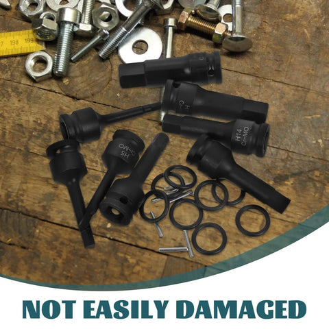 Kick Up Your Game With This 1/2 Inch Drive Hex Impact Socket Set That Comes With An Air Ratchet Wrench And Extension Adapter black impact sockets on wood with bolts and washers