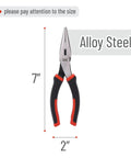 Pro Level Needle Nose Pliers Built Like A Tank With Tempered Steel Jaws For Tight Squeeze Tasks, 7 inch alloy steel pliers with red rubber grip.