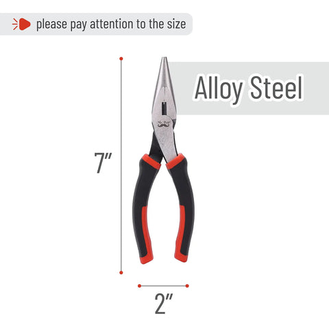 Pro Level Needle Nose Pliers Built Like A Tank With Tempered Steel Jaws For Tight Squeeze Tasks, 7 inch alloy steel pliers with red rubber grip.
