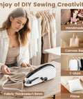 Woman using Your Go To Handheld Sewing Machine For Quick Mending And DIY Projects on fabric with accessories nearby.