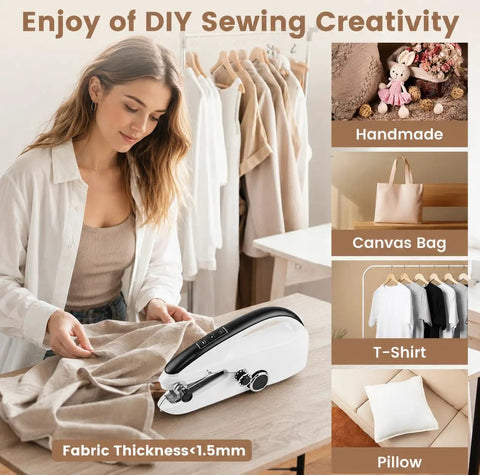 Woman using Your Go To Handheld Sewing Machine For Quick Mending And DIY Projects on fabric with accessories nearby.
