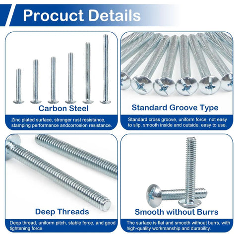 Product details of 50 Pack 8-32 x 1-1/4 Inch Cabinet Door And Drawer Screws With Phillips Or Slotted Heads Blue Zinc Plated Carbon Steel Truss Head Machine Screws showing material and use.