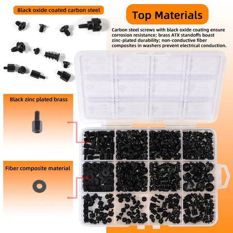 Hassle Free 450 Piece Computer Screw Kit For PC Building And Repairing, featuring black oxide screws and black zinc plated brass components.
