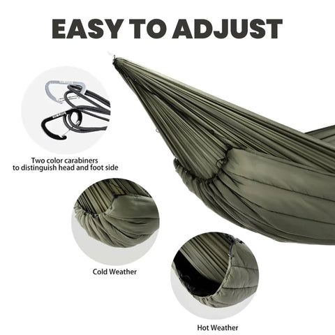 Ultra Lightweight Camping Hammock Underquilt For 3 Season Insulation In OD Green 1 Oz 20D Nylon Shell Synthetic Silk Fill with carabiners