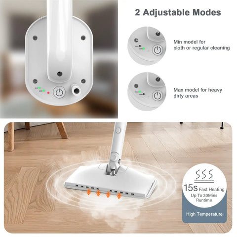 Control panel of Tough Six In One Rotary Steam Mop With Dual Heat Settings and a long cord, showing adjustable modes and steam output.