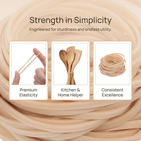 Heavy Duty Elastic Rubber Bands Bulk 400 Pc Pack 2.36 By 0.12 Inches High Temp Resistant For Office Balloon Garlands Trash Cans File Folders And Lab Use Ideal For Holding Test Tubes And Glassware. beige rubber bands shown stretched, bundled, and coiled