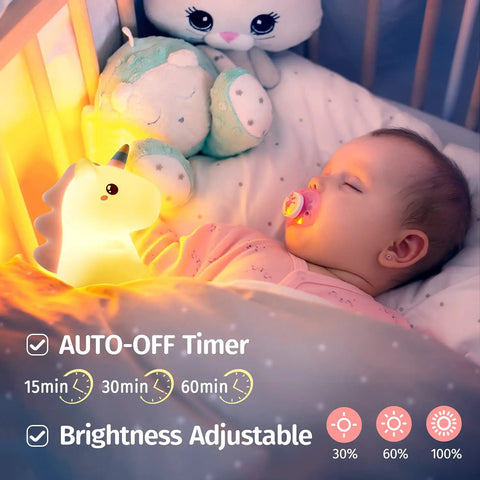 Sleeping baby with Unicorn Night Light For Kids With Sound Machine, 16 Color Silicone Baby Night Lamp USB Rechargeable Portable Bedroom Decor