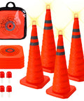 Four Pack 28 Inch Collapsible LED Light Traffic Cones With Reflective Safety Pop Up Design Battery Included For Roadwork Parking Events Durable Waterproof Orange Cones with carrying case and spare lights