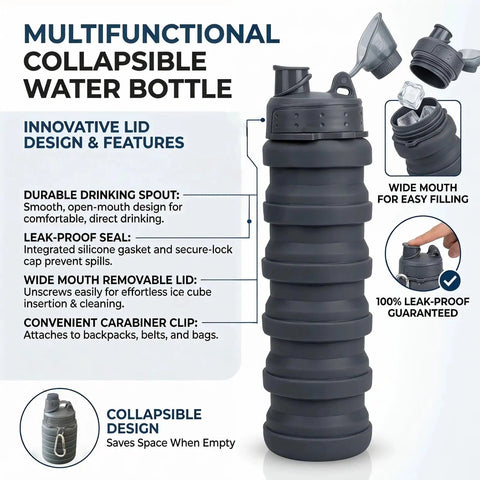 Two Pack Collapsible Silicone Water Bottles 500ml Each, On The Go Hydration Buddies For Travel, BPA Free, with open spout and carabiner.