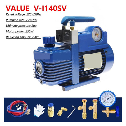 Top Shelf Heavy Duty 250W Vacuum Pump And Dual Manifold Refrigerant Kit With Hella Precise Pressure Gauge showcasing blue motor and tools.