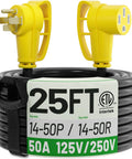 NEMA 14-50P to NEMA 14-50R 25Ft 50 Amp RV and EV Extension Cord, heavy duty waterproof with grip handle, yellow plug ends visible.
