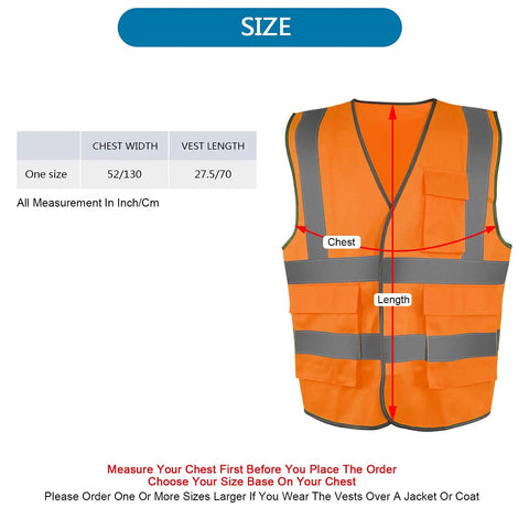 Diagram showing size dimensions of High Visibility Reflective Safety Vest Orange Breathable Unisex Adjustable Fit With Magic Tape Closure.