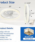 20 Inch Low Profile Ceiling Fan With Led Light And App Remote Featuring Quiet Dc Motor and Slick Flush Mount Build for Bedroom or Living Room shows dimensions and product details.