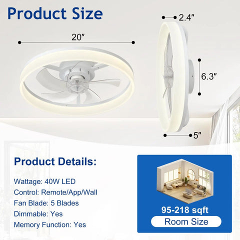 20 Inch Low Profile Ceiling Fan With Led Light And App Remote Featuring Quiet Dc Motor and Slick Flush Mount Build for Bedroom or Living Room shows dimensions and product details.