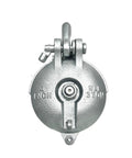 Heavy Duty Yarding Block With Shackle And Pin Three Ton WLL Four Inch Sheave Silver Painted Rig Block For Log Hauling Built Tough With Grease Zerk And Three Eighths Inch Cable front view