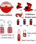 90 Piece Lockout Tagout Kit With Red Tool Box For Electrical Safety, 5 Types Of Lockouts, Safety Padlocks, Lockout Hasps displayed