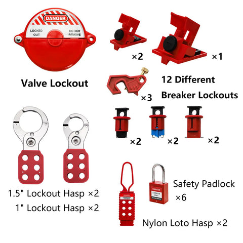 90 Piece Lockout Tagout Kit With Red Tool Box For Electrical Safety, 5 Types Of Lockouts, Safety Padlocks, Lockout Hasps displayed