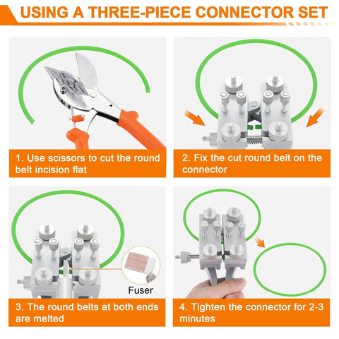 Round Belt Welding Kit With 110V Adjustable Temperature Soldering Iron, Polyurethane Belt Welder steps with scissors and connectors.