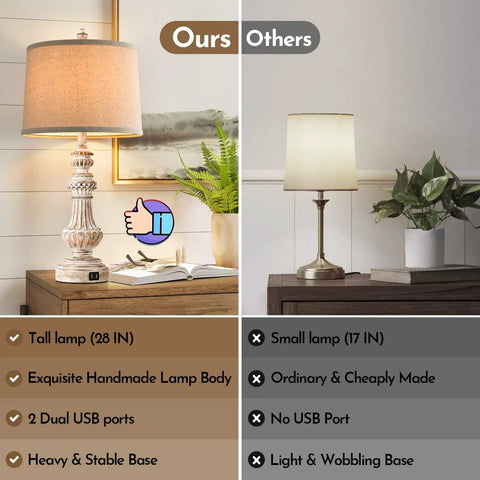 Comparison of Vintage Vibe Table Lamps Set Of 2 With USB Ports And E26 Base, 28 Inches Tall Resin beside plain 17-inch lamp.