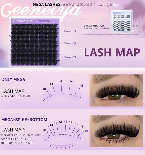 5 Styles Lash Clusters Kit With Volume Mega Full Bottom Spike Extensions Lash Bond And Seal, lash map, and application styles