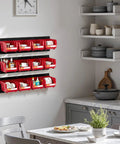 Kick Some Clutter To The Curb With This Rock Solid Set Of Twelve Wall Mounted Plastic Storage Bins And Three Heavy Duty Rails. Red bins on black rails in a kitchen.