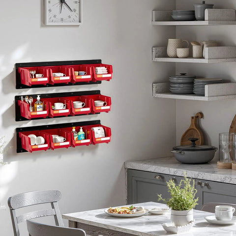 Kick Some Clutter To The Curb With This Rock Solid Set Of Twelve Wall Mounted Plastic Storage Bins And Three Heavy Duty Rails. Red bins on black rails in a kitchen.
