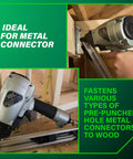 Strap Tite Fastening System Strip Nailer For Wood And Metal Connectors, Pro Preferred Pneumatic Nailer with Thirty Six Degree Magazine, Lightweight At About Four Point Six Pounds, Accepts One And A Half Inch Connector Nails, NR38AK used on wood structure