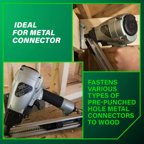 Strap Tite Fastening System Strip Nailer For Wood And Metal Connectors, Pro Preferred Pneumatic Nailer with Thirty Six Degree Magazine, Lightweight At About Four Point Six Pounds, Accepts One And A Half Inch Connector Nails, NR38AK used on wood structure