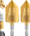 Dual-Function PVC Pipe Threading Tool Kit For One-Half Inch And Three-Quarter Inch Pipes, Titanium-Plated and drill-ready.