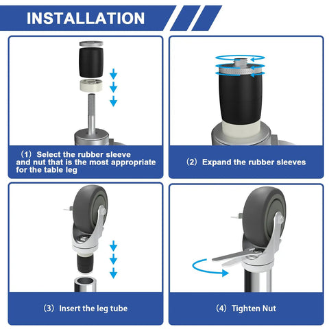 Installation steps for Heavy Duty 3 Inch Expanding Stem Casters With Side Brake, Smooth Rolling Furniture Wheels For Pipe Legs.