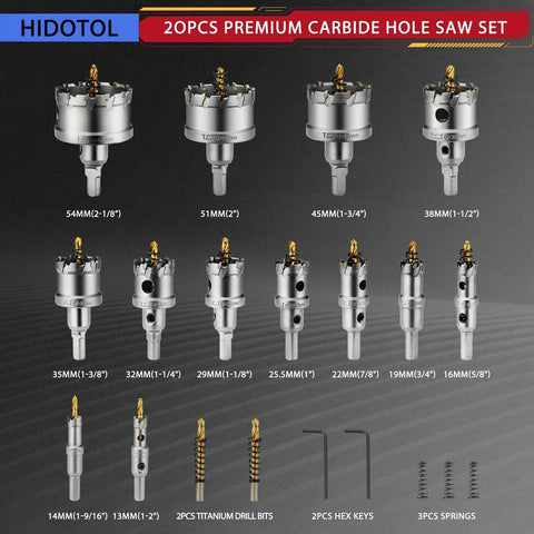 Front view of HIDOTOL 20pc carbide hole saw kit with titanium pilot and L-wrench in aluminum case; includes drill bits.