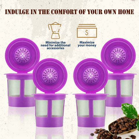 Pack of 4 purple stainless steel refillable K Cups for 1.0 and 2.0 brewers, eco friendly mesh filter pods, reusable coffee pods for custom blends.