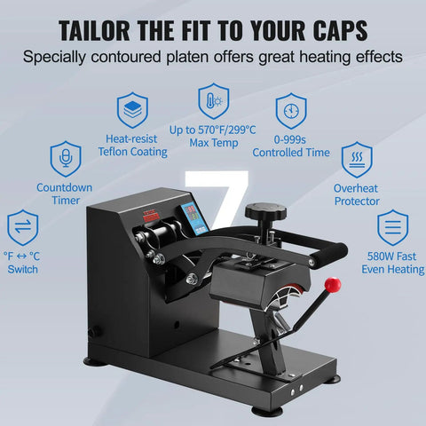 Zero Hassle 6X3.75 Inch Curved Hat Heat Press Clamshell Design Nonstick Aluminum Plate Digital Lcd Timer Temperature Control Badass Gear For Custom Caps That Gets The Job Done Fast with LCD display and heat-resist Teflon coating.