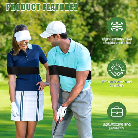 Golf Swing Arm Band Training Aid For Correct Posture And Stable Swing Pro Grade Foldable Elastic Band Arm Trainer on two golfers