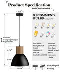 Solid Wood And Metal Pendant Light Fixture Dope Industrial Hanging Lamp With Adjustable Length 11.6 Inch, dimensions and bulb options shown