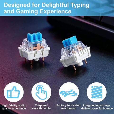Blue 3 Pin Mechanical Keyboard Clickers Kit For 3D Prints, 50 Pieces Dustproof Switches with clear housing and blue stems