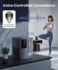 Nugget Ice Maker Countertop With App And Voice Control Self Cleaning Ice Machine in kitchen with woman using voice command.