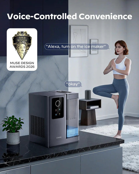 Nugget Ice Maker Countertop With App And Voice Control Self Cleaning Ice Machine in kitchen with woman using voice command.