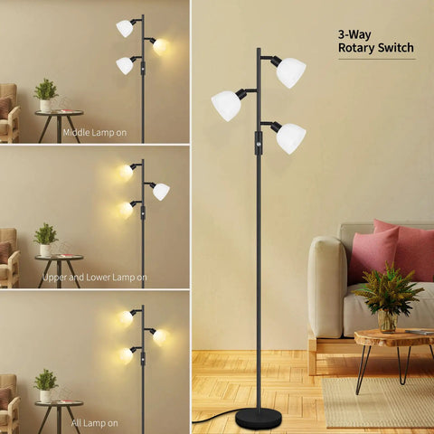 Three Head Floor Lamp With Rotating Heads, 3 Way Dimmer, Includes 3x 4W E12 LED Bulbs, Metal Pole Torchiere Standing Lamp in a living room setting.