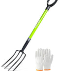 Heavy Duty Garden Fork With Four Tines, 45 Inch Pitchfork For Yard Work, Dirt Turning And Composting, Fiberglass Handle With D Grip, gloves visible