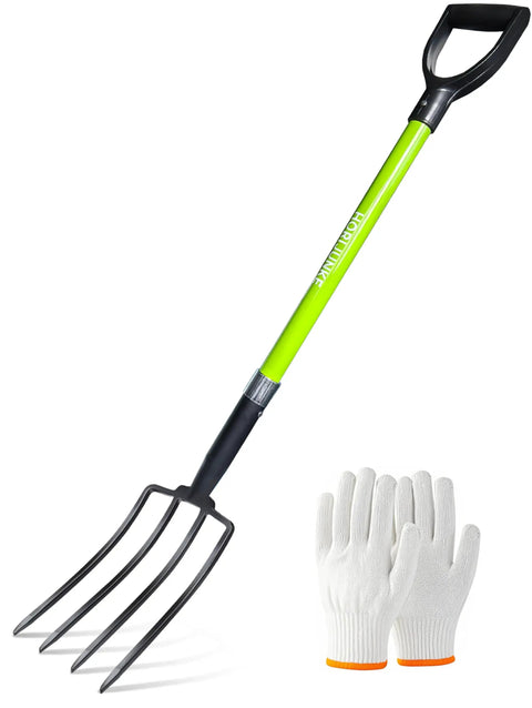 Heavy Duty Garden Fork With Four Tines, 45 Inch Pitchfork For Yard Work, Dirt Turning And Composting, Fiberglass Handle With D Grip, gloves visible