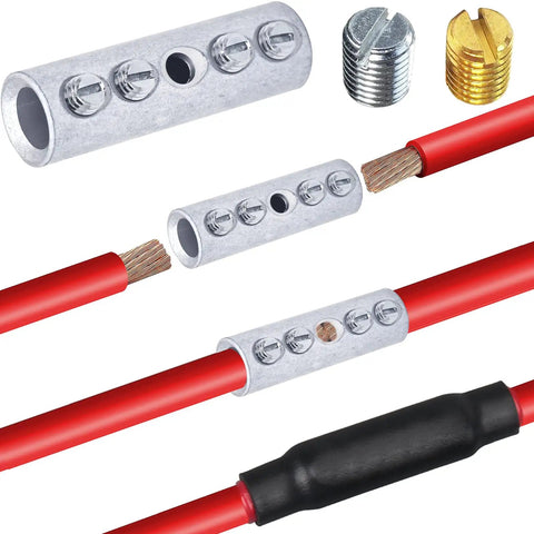12-10 Gauge Wire Butt Connectors Kit with 10 screw type connectors, 40 galvanized screws, 40 brass screws, 3:1 heat shrink tubing