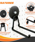 Heavy Duty Magnetic Hooks 4 Pack No Drill Install With Anti Slip Coating, mounted on pegboard showcasing features like anti-slip coating and six magnets.