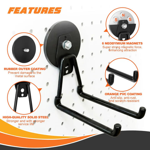 Heavy Duty Magnetic Hooks 4 Pack No Drill Install With Anti Slip Coating, mounted on pegboard showcasing features like anti-slip coating and six magnets.