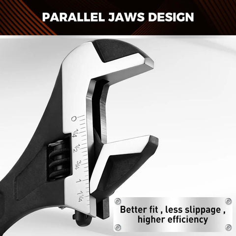 Four Piece Adjustable Wrench Set With 6, 8, 10, 12 Inch Wide Jaw Spanners Black Oxide CRV Steel Parallel Jaws Design Close-Up